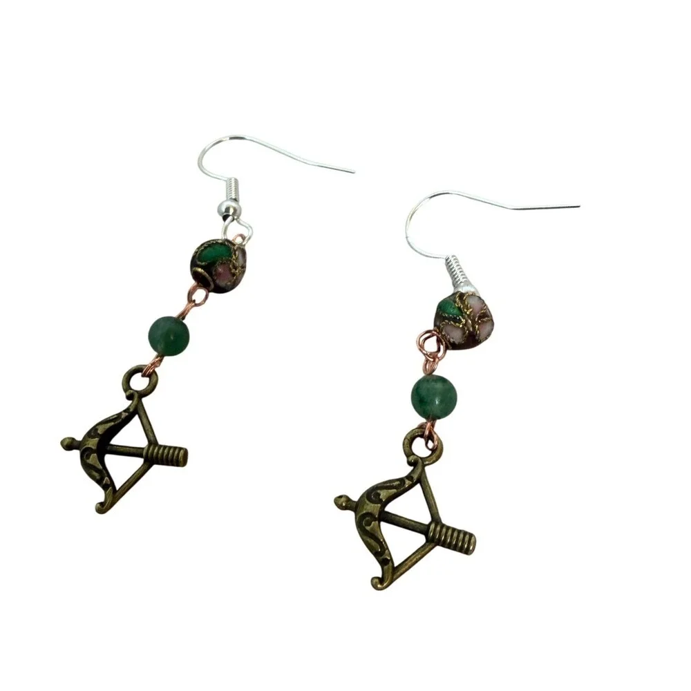Bow and Arrow Cloisonne Agate Dangle Earrings Green Beaded Drop Earrings